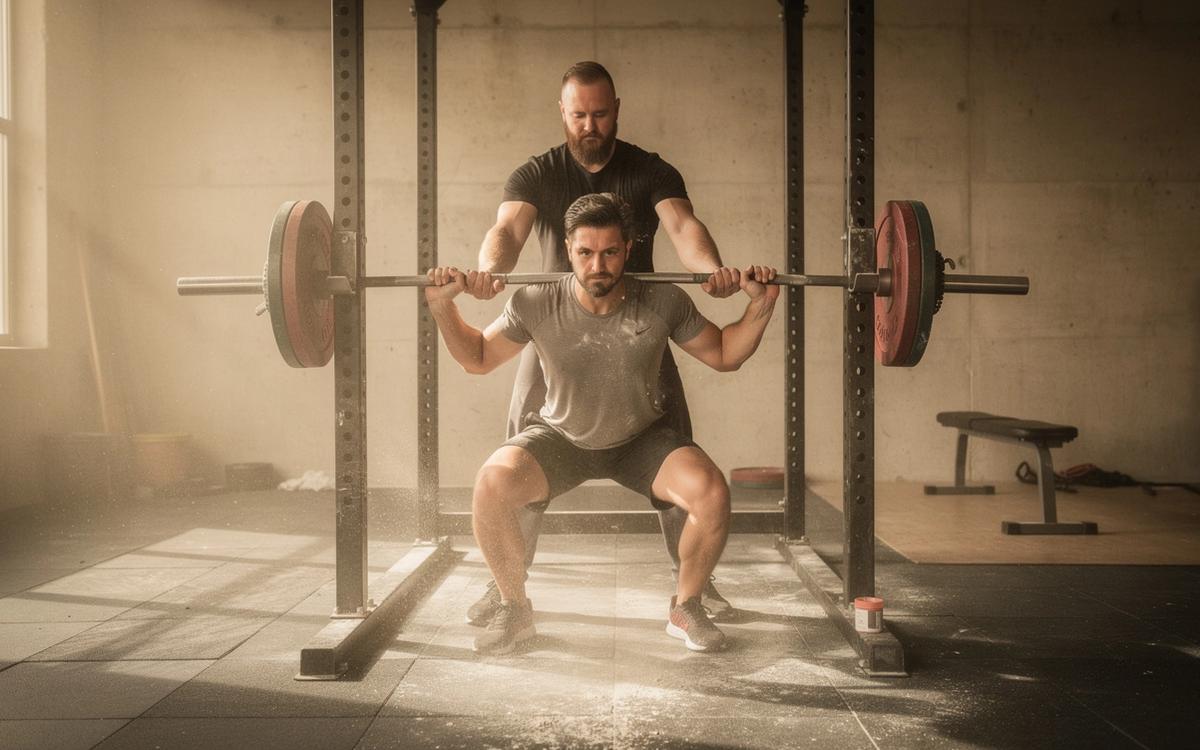 Coach spotting a client through a barbell squat in a Kyiv training studio